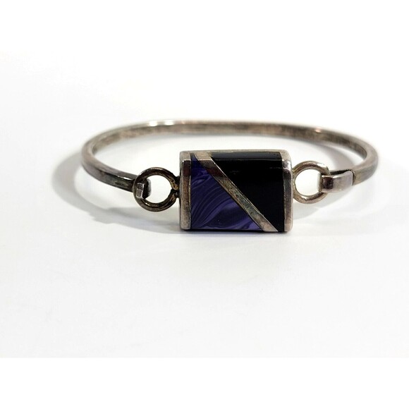 Sterling Silver .925 Plata ERR Purple Agate Black‎ Onyx Bangle Bracelet Gemstone - Picture 3 of 9